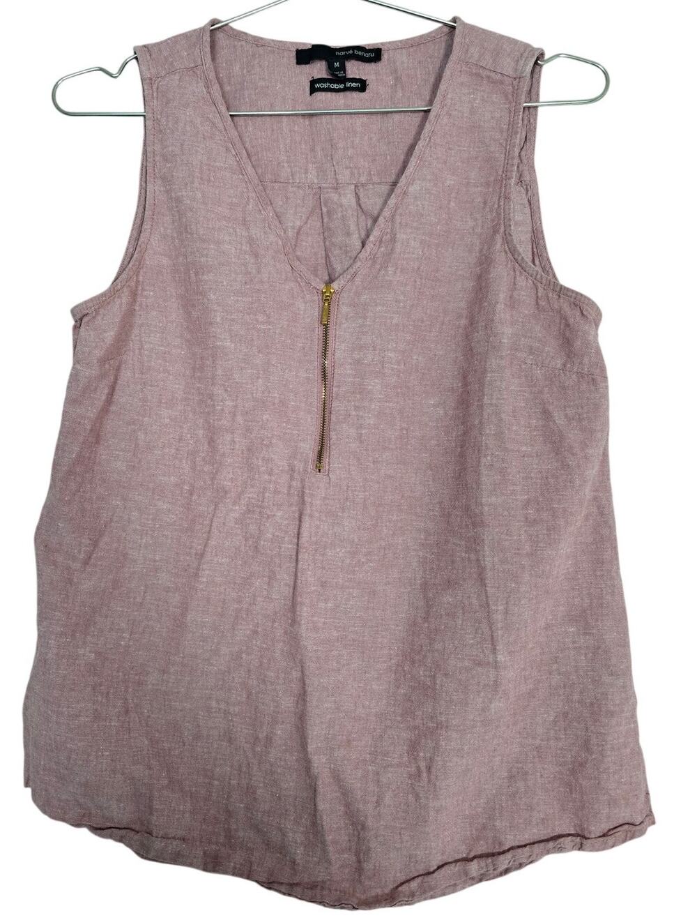 Harve Benard Womens Medium Linen Tank Top Mauve Pink Zip Front Coastal Boho